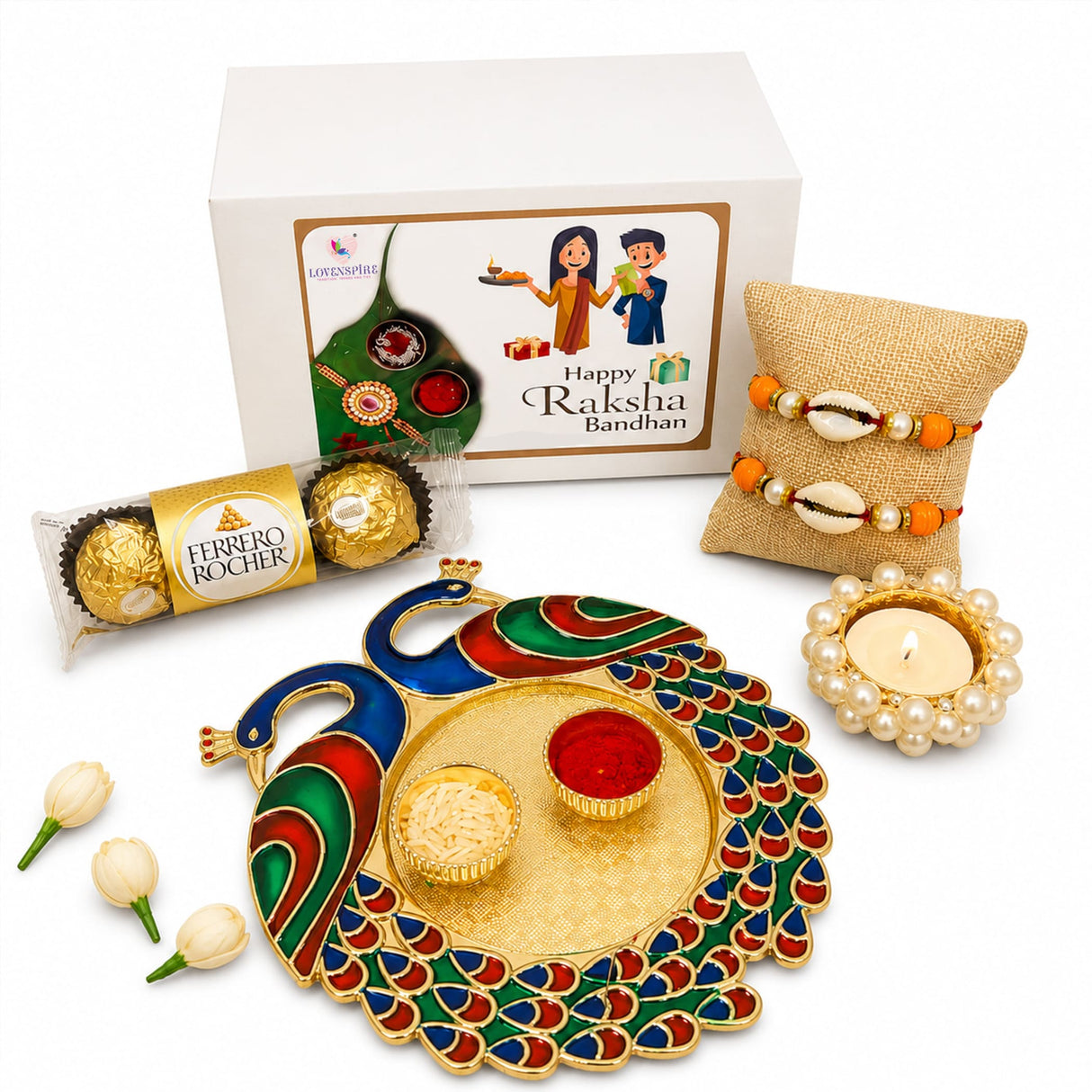 Gold and colorful peacock-shaped thali with red green and blue enamel detailing in peacock rakhi gift hamper set