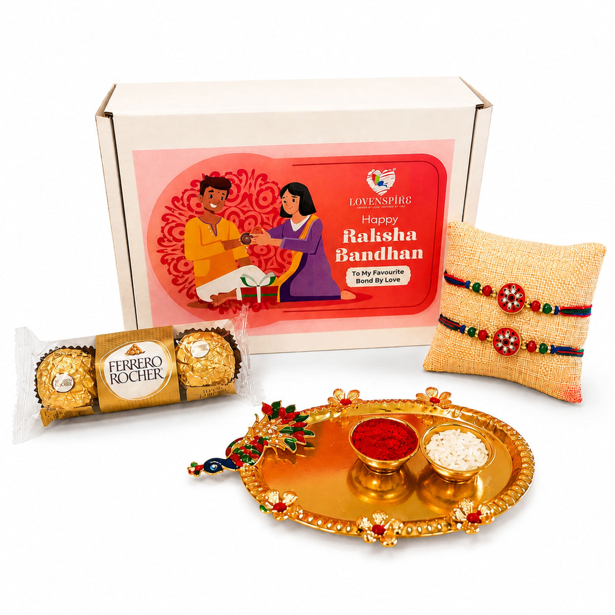 Gold-colored ornate peacock motif tray with two bowls holding red powder and white rice in peacock rakhi gift hamper set