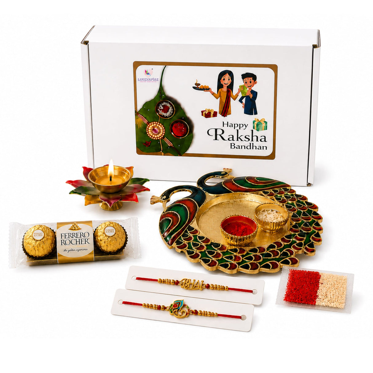 Gold and green peacock-shaped thali with red and white powders for peacock rakhi gift hamper set for brother and bhabhi