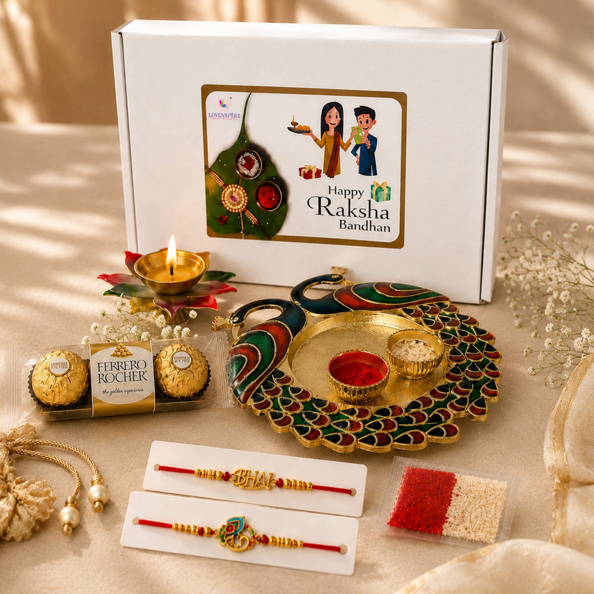 Golden peacock-shaped thali with intricate green and red enamel detailing in peacock rakhi gift hamper set for brother and bhabhi