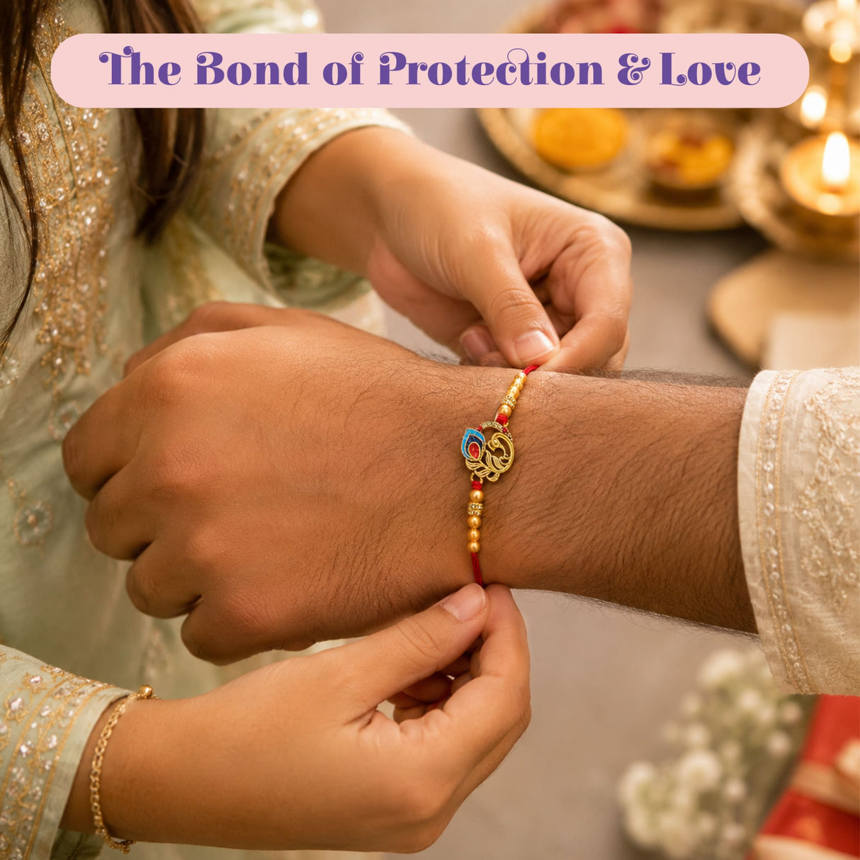 Gold-colored peacock rakhi with red beads being tied around wrist from peacock rakhi gift hamper set for brother and bhabhi
