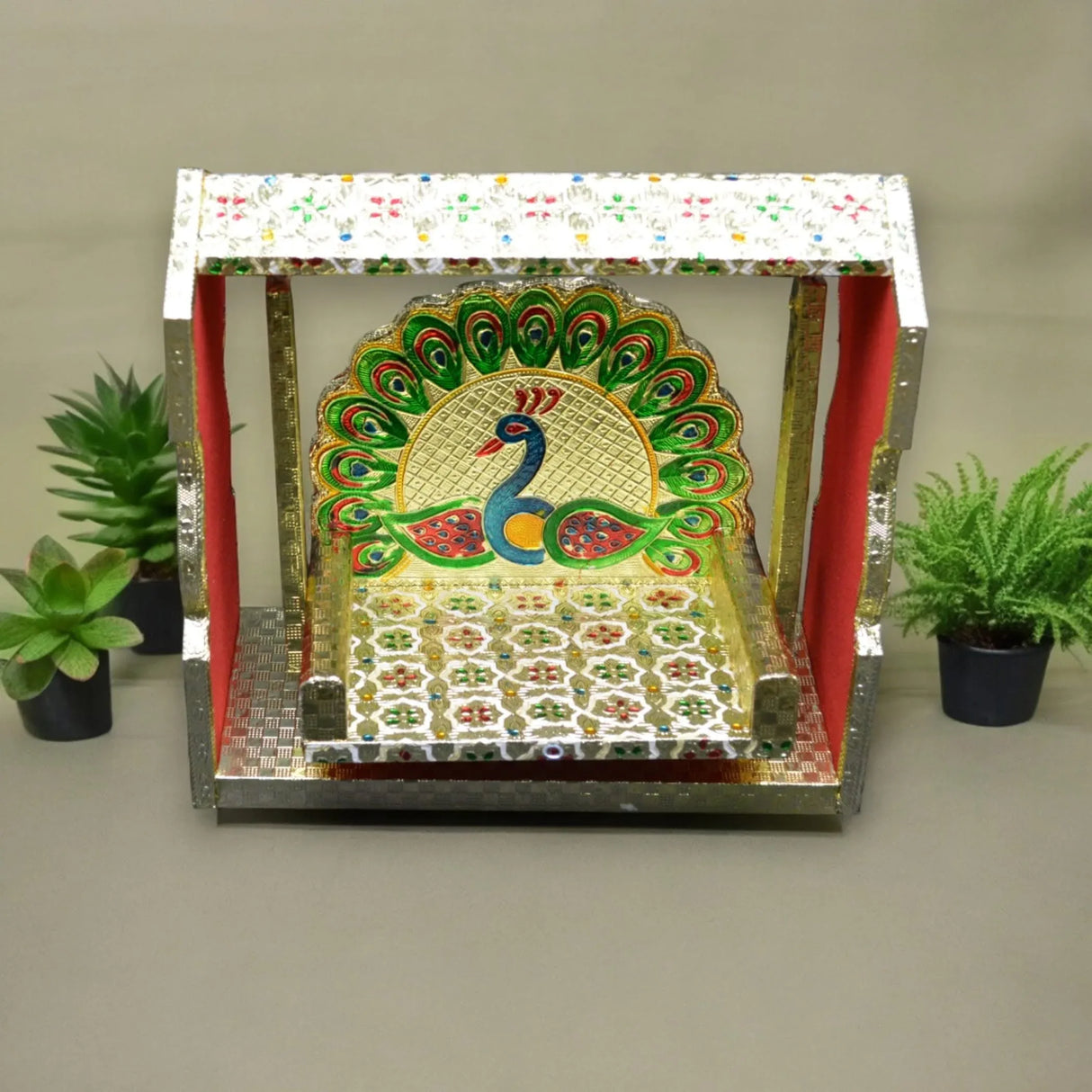 Wooden Meenakari Jhula Singhasan Indian Traditional Laddu Gopal Swing Palna with Peacock Design for Pooja Mandir Kanha Ji Krishna Aasan - Janamashtami Favor Housewarming Gift - LoveNspire