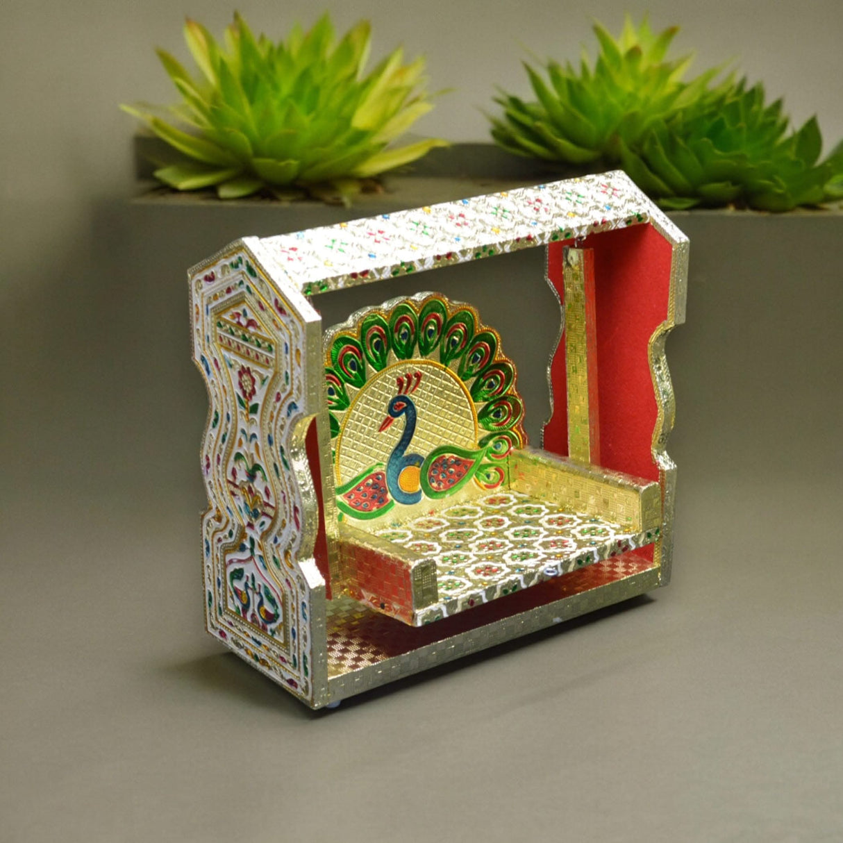 Wooden Meenakari Jhula Singhasan Indian Traditional Laddu Gopal Swing Palna with Peacock Design for Pooja Mandir Kanha Ji Krishna Aasan - Janamashtami Favor Housewarming Gift - LoveNspire