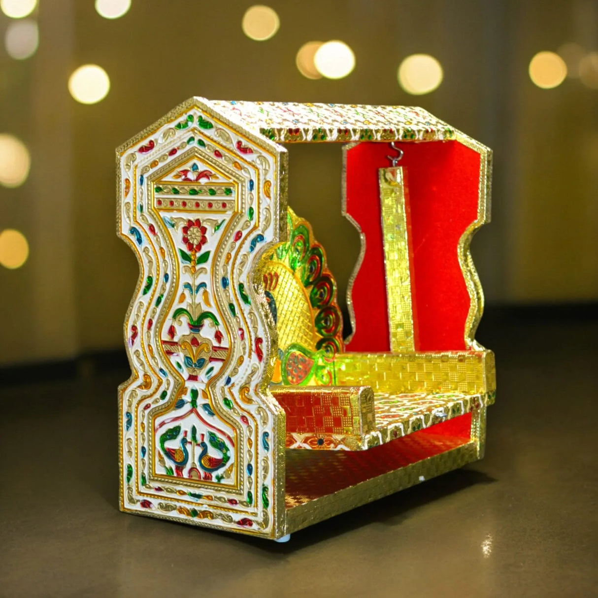 Wooden Meenakari Jhula Singhasan Indian Traditional Laddu Gopal Swing Palna with Peacock Design for Pooja Mandir Kanha Ji Krishna Aasan - Janamashtami Favor Housewarming Gift - LoveNspire