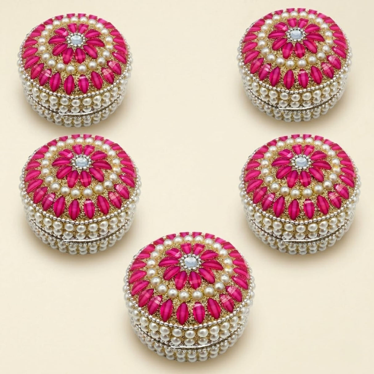Vibrant pink and white pearl beaded jewelry box with floral design for travel and festive gift occasions