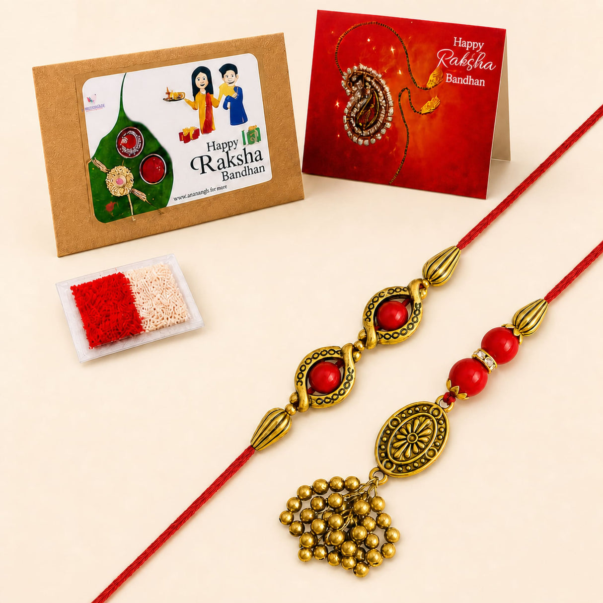 Designer pearl lumba rakhi bracelet set featuring a gold-colored rakhi with red beads and dangling gold balls for bhai and bhabhi
