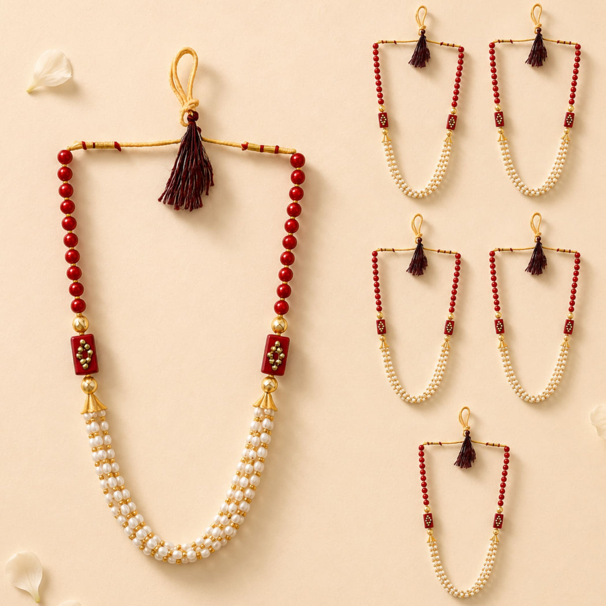 Set of 6 red and white beaded artificial moti pearl mala with gold accents and tassels for wedding baraat and reception guests