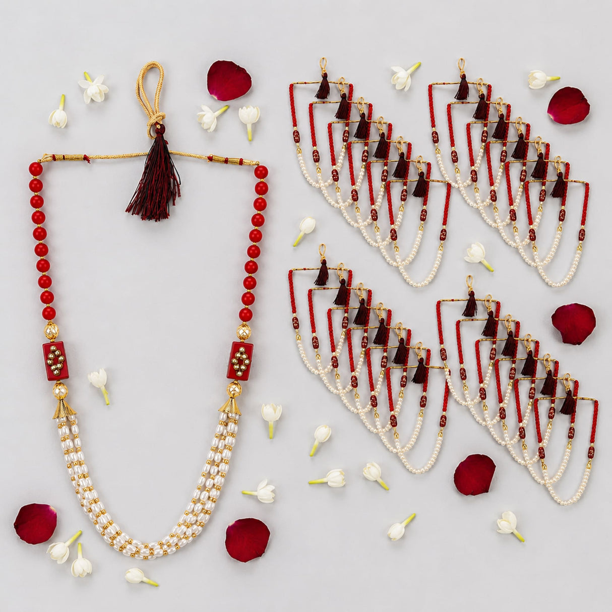 Set of 6 red and white beaded artificial moti pearl mala with gold accents and tassel pendant for wedding baraat and reception