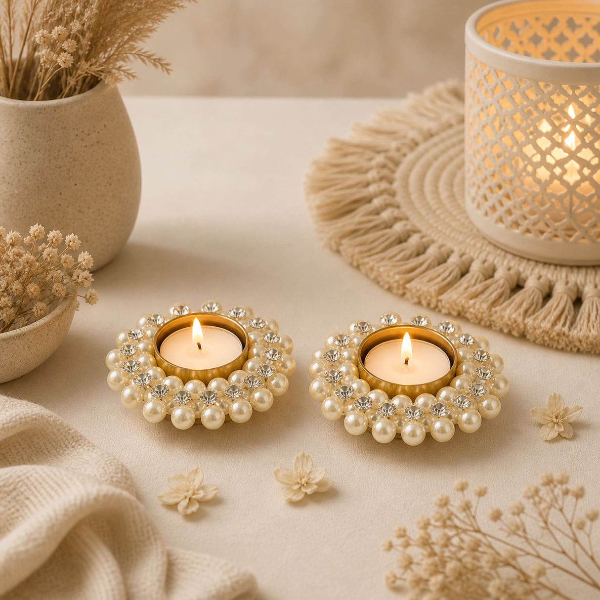 Two elegant gold-toned pearl t-light holders with clear crystals holding flickering candles for festive home decor