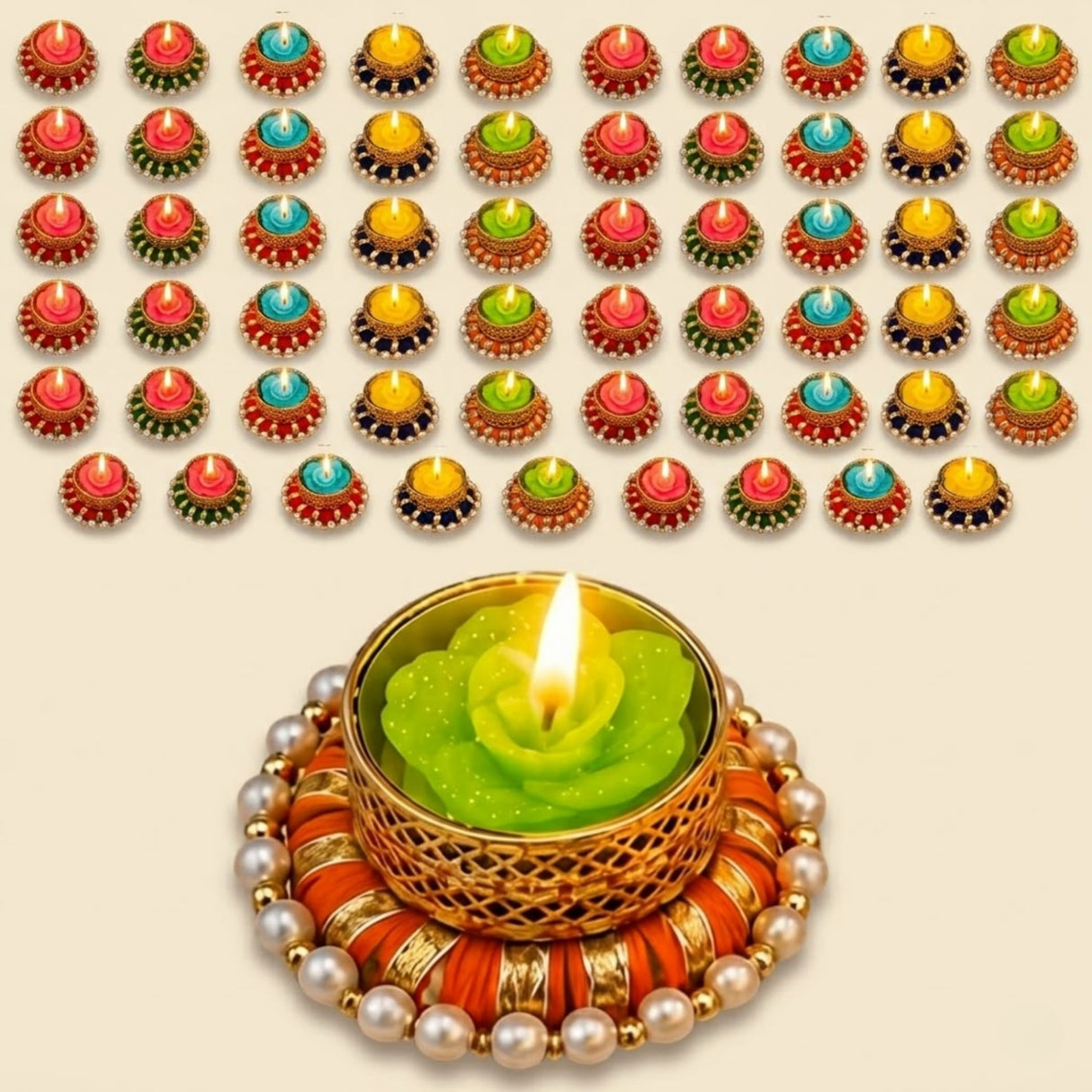 A green rose-shaped candle in an ornate golden pearl candle holder with orange fabric for Diwali and home decor