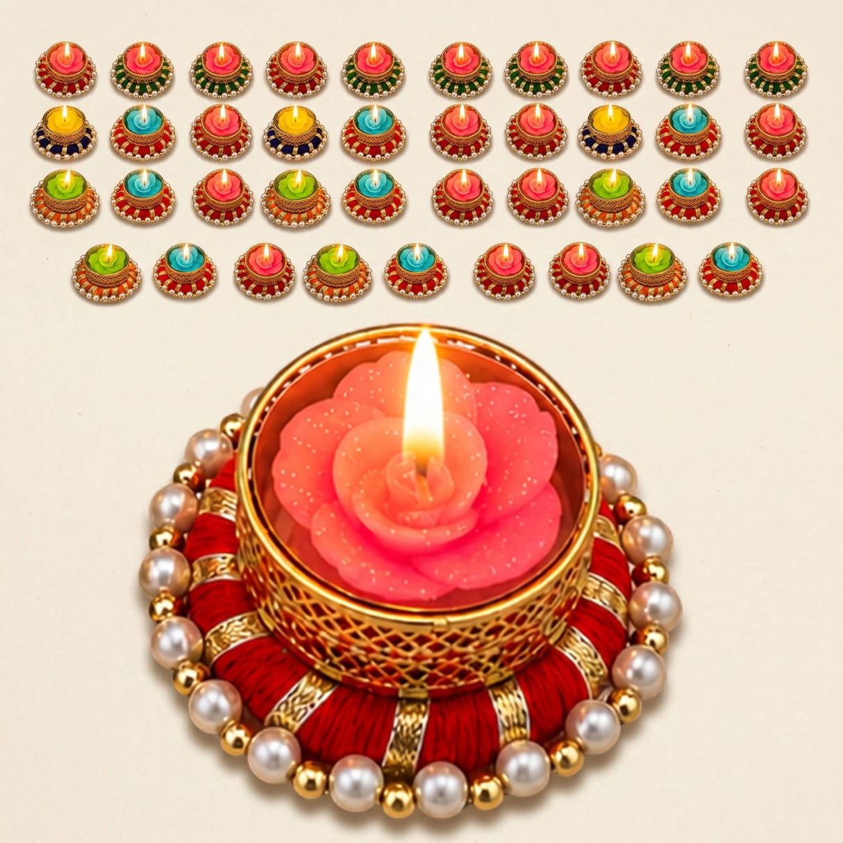 A decorative red and gold metal pearl candle holder with a pink rose-shaped wax candle for festival and home decor