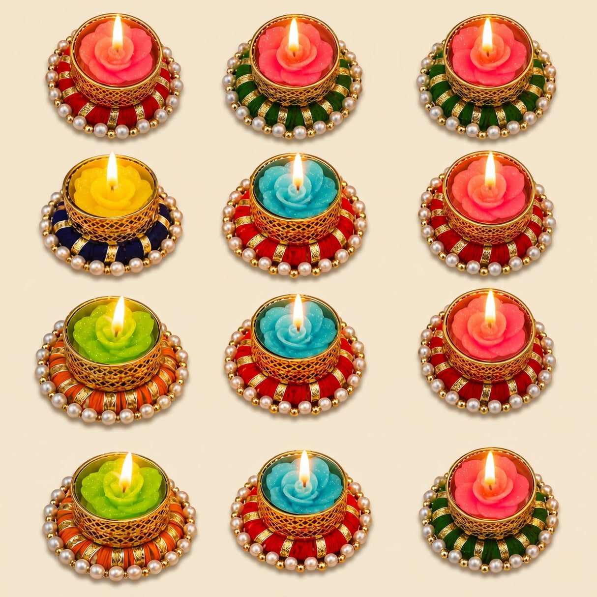Colorful rangoli Indian diya t-light stand with rose-shaped wax candles in gold metal holders adorned with pearls