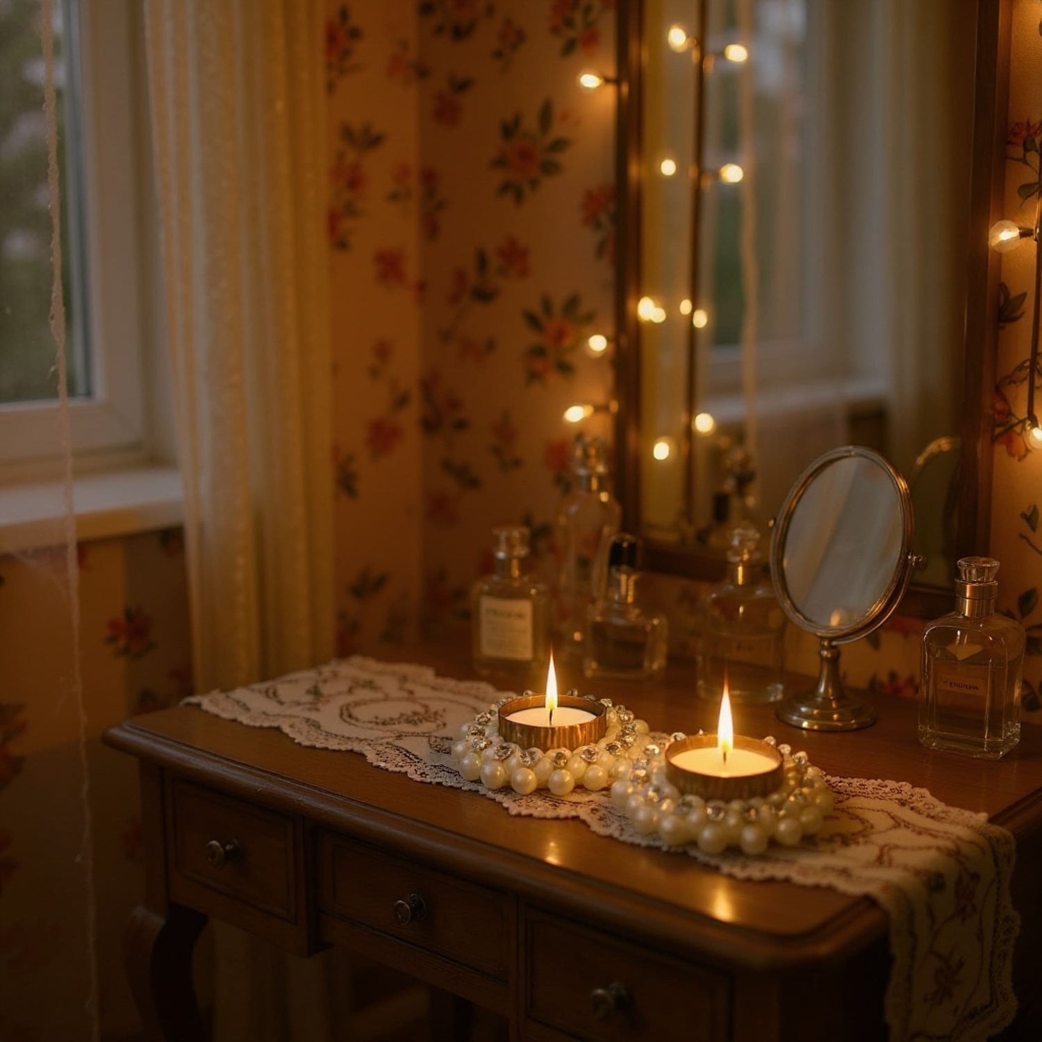 Wooden vanity table with lace runner and candles for Diwali Thanksgiving Hanukkah decor