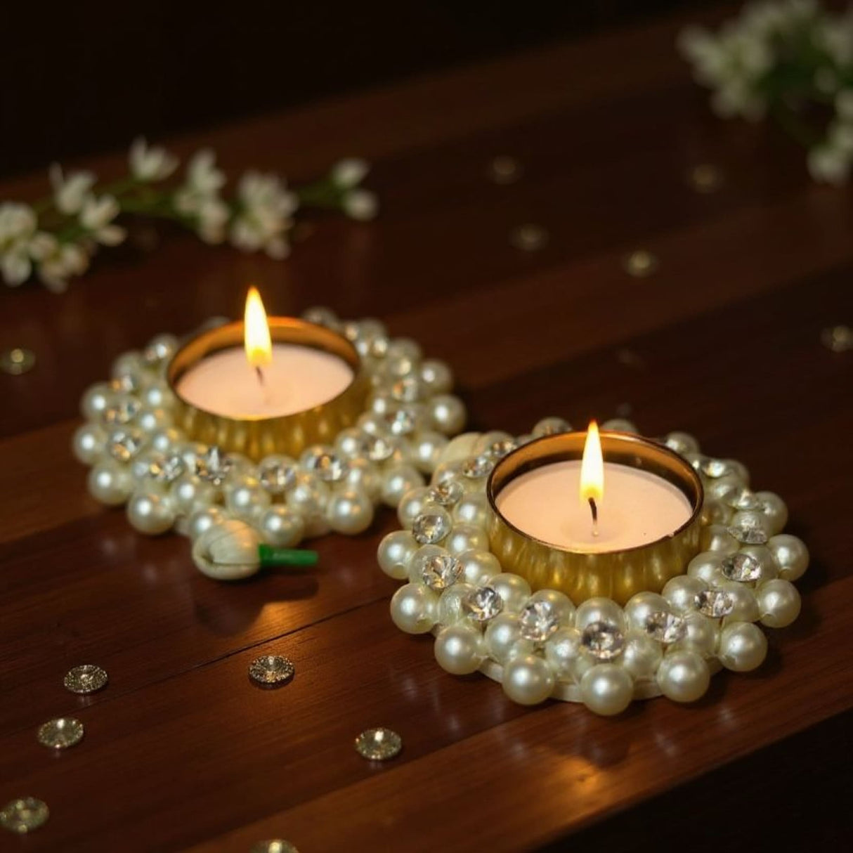 Pearl and crystal candle holder set for Diwali Thanksgiving Hanukkah Christmas decor