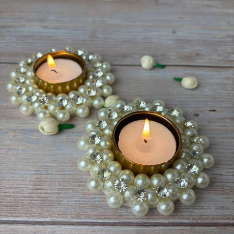 Pearl Tealight Candle Holder Festival of Light Decorative T-light Holder for Diwali Thanksgiving Hanukkah Christmas Gift Moti Candle Holder for Centerpiece Dining Table Home Decor - LoveNspire