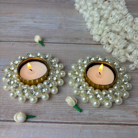 Pearl T-light Holder, Tealight Candle Holder Festival of Light Decorative for Diwali Christmas Thanksgiving Housewarming Gift Moti Candle Stand for Centerpiece Dining Table Home Decor - LoveNspire