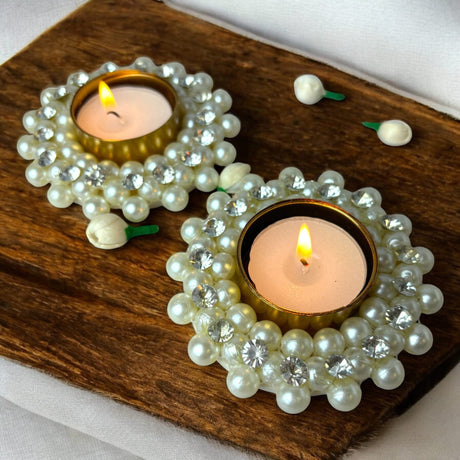 Pearl T-light Holder, Tealight Candle Holder Festival of Light Decorative for Diwali Christmas Thanksgiving Housewarming Gift Moti Candle Stand for Centerpiece Dining Table Home Decor - LoveNspire