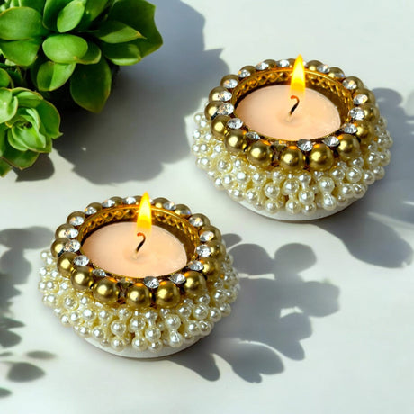 Pearl Tealight Candle Holder Festival of Light Decorative T-light Holder for Diwali Navratri Christmas Thanksgiving Housewarming Gift Candle Stand for Centerpiece Dining Table Home Decor - LoveNspire