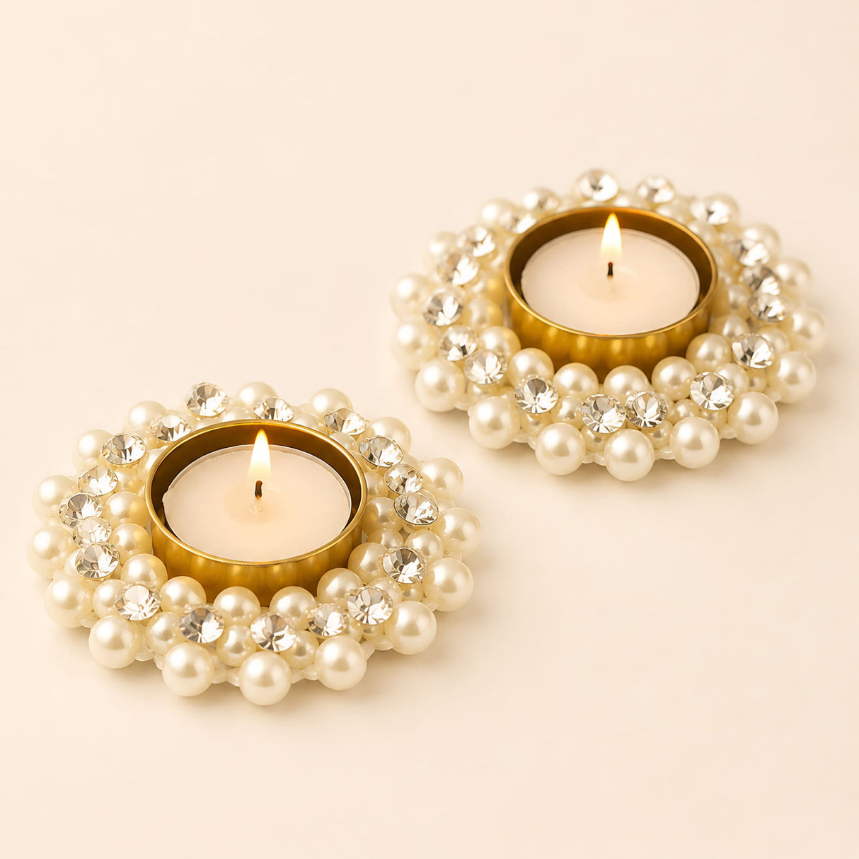 Pearl and crystal-adorned gold tealight candle holders ideal for diwali thanksgiving hanukkah christmas decor