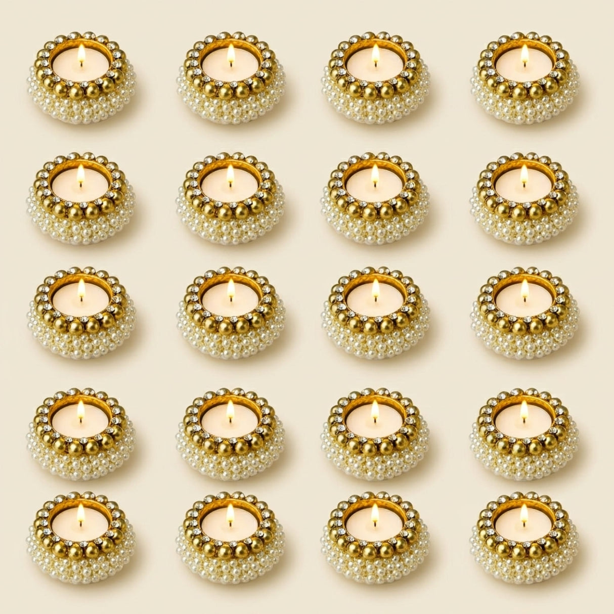 Gold and white beaded pearl tealight candle holders with lit candles for festival of light decor and home centerpiece