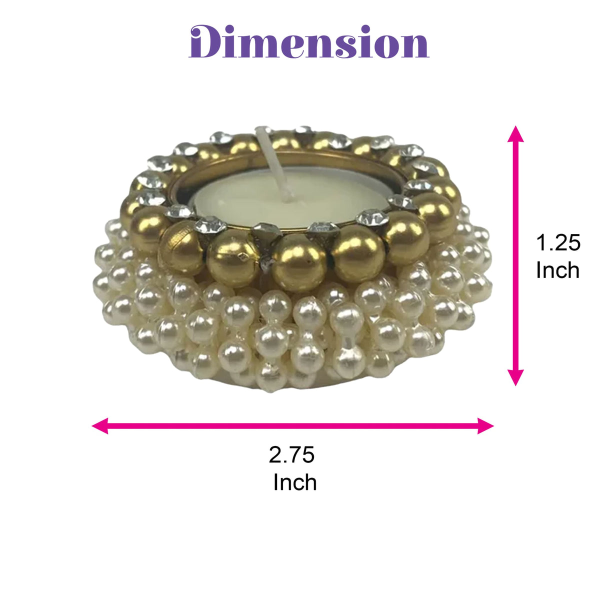 Gold and cream pearl adorned tea light candle holder with crystal accents for diwali pooja and festive decor set of 4