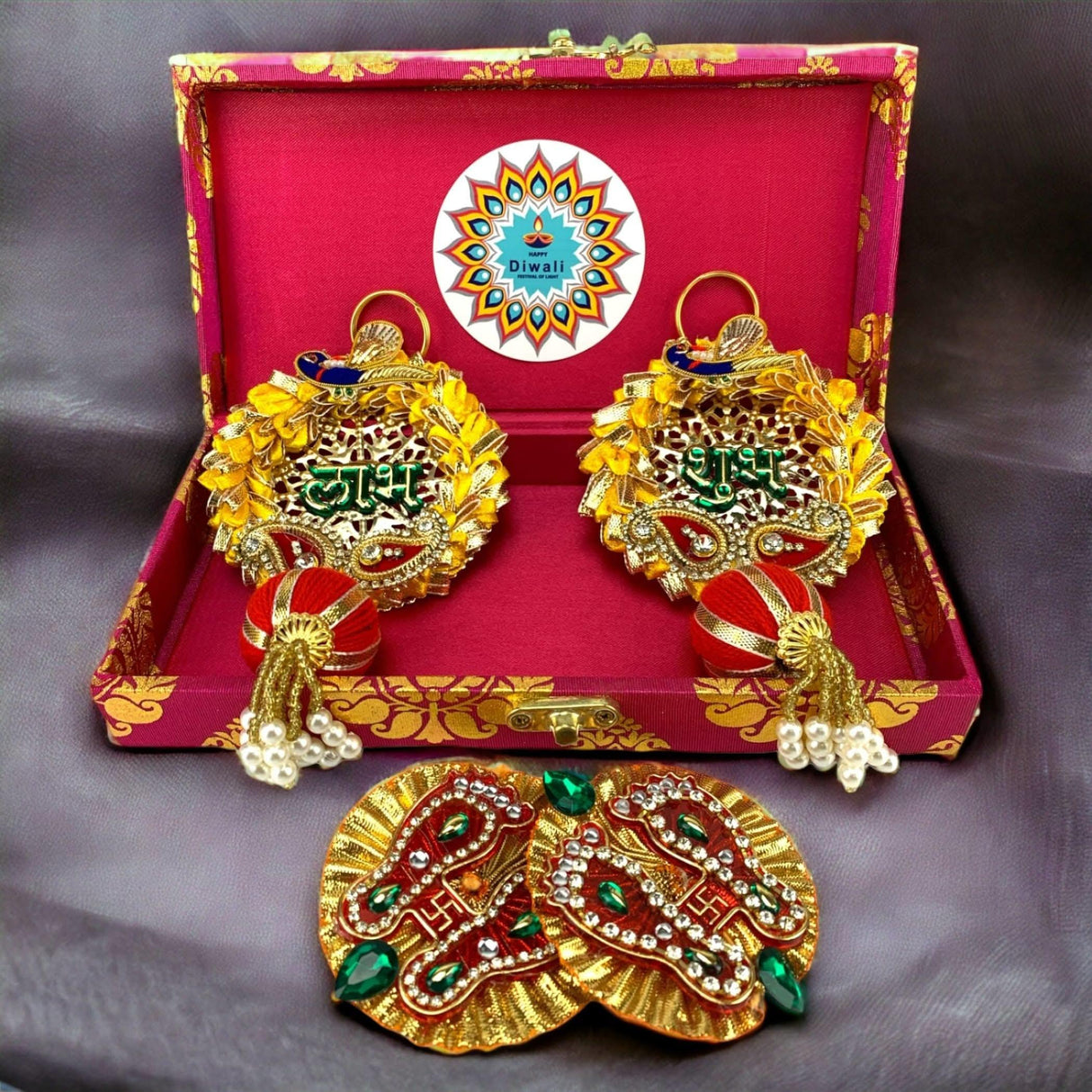 Personalized Diwali Gifts Hamper Shubh Labh Rajasthani Brocade Design Gift Box Indian Festival Diwali Hamper Basket for Employees Home Office Friends Family - Corporate Return Gift Items - LoveNspire