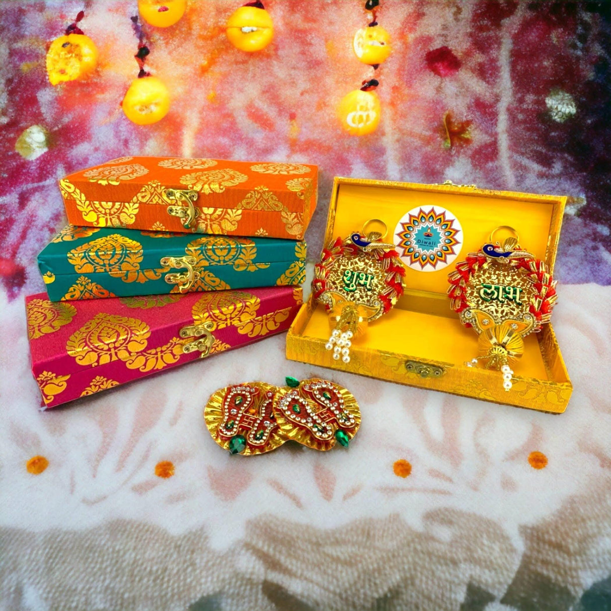 Personalized Diwali Gifts Hamper Shubh Labh Rajasthani Brocade Design Gift Box Indian Festival Diwali Hamper Basket for Employees Home Office Friends Family - Corporate Return Gift Items - LoveNspire