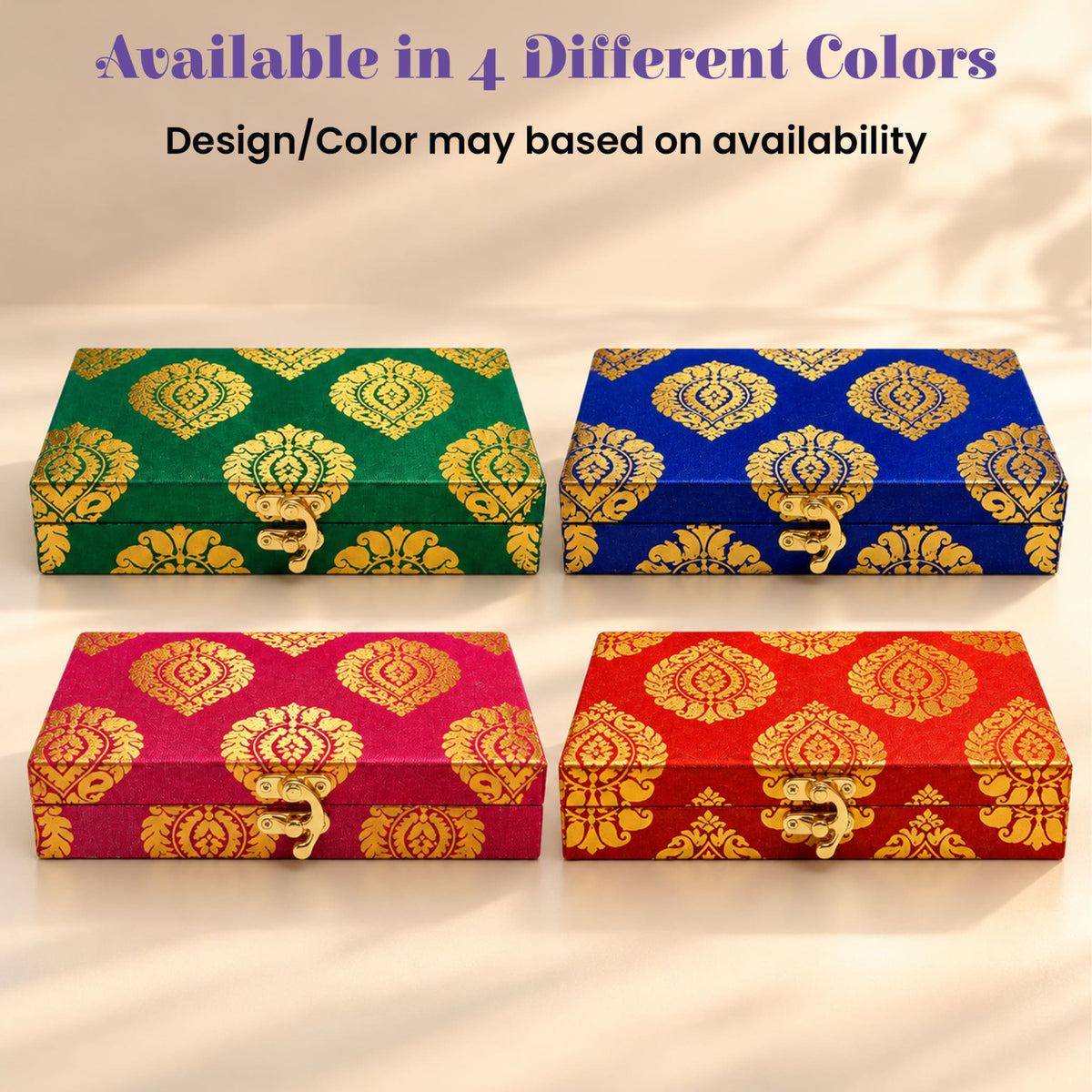Personalized candle holder diwali gift boxes in green blue pink and red with gold damask patterns and clasps for home decor