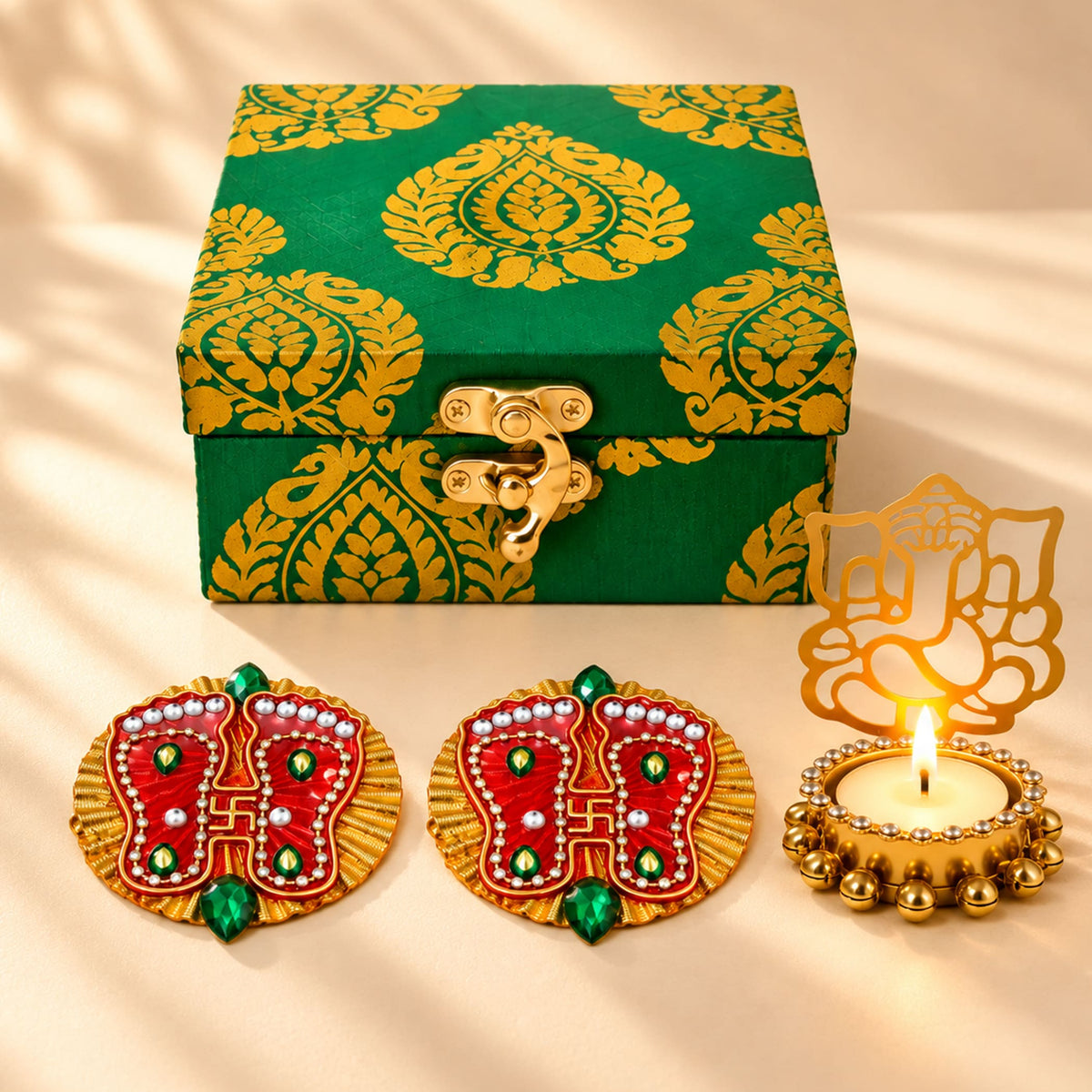 Green and gold patterned handmade candle holder gift box with golden clasp for Diwali and home decoration