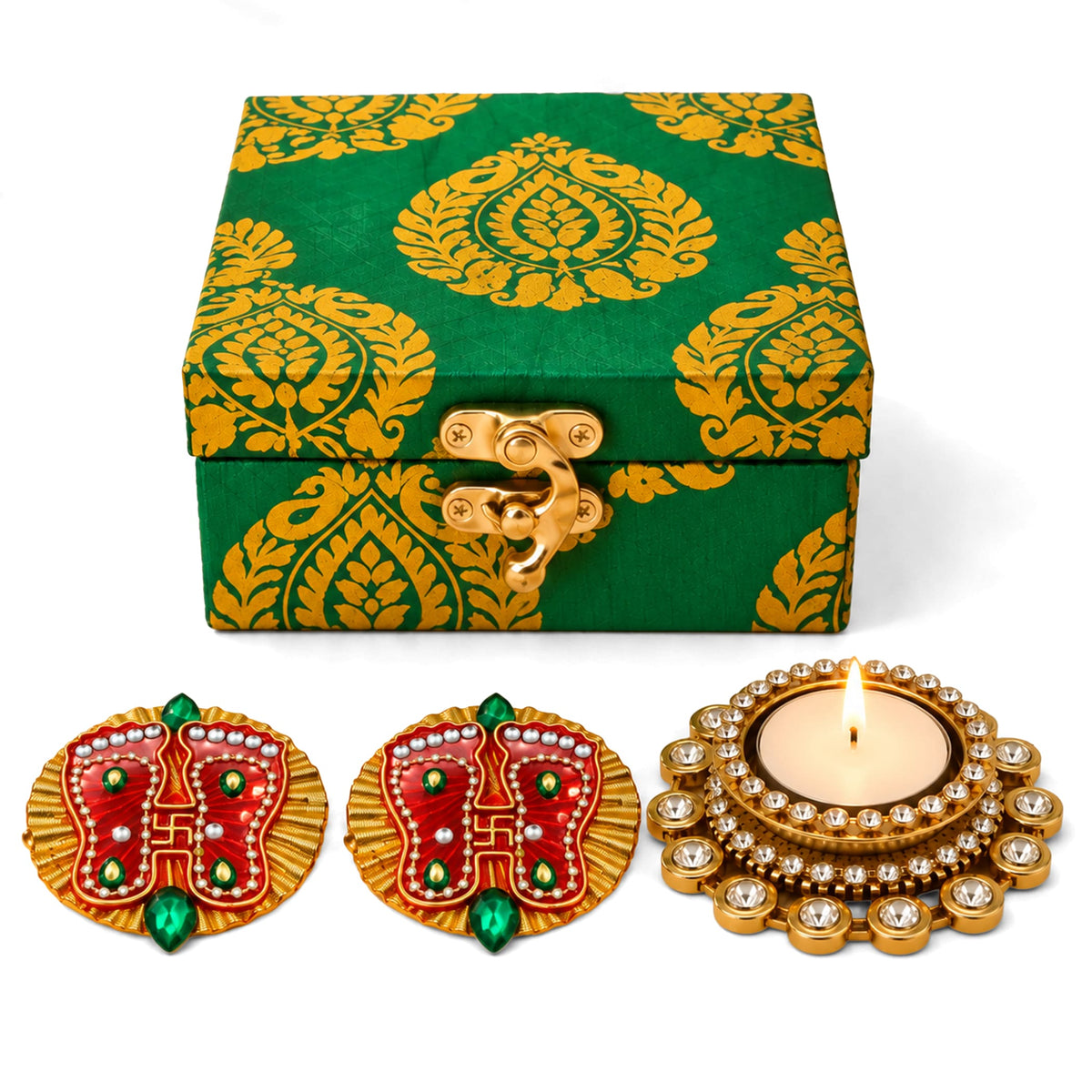 Green and gold patterned handmade candle holder gift box with golden clasp for diwali and home decoration