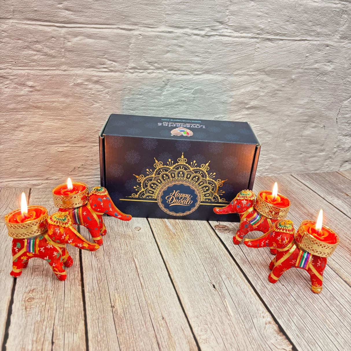 Personalized Diwali Gifts Hamper Set of 4 Elephant Tealight Candle Holder Diwali Custom Gifts Boxes Indian Festival Deepawali Hamper for Employees Home Office Friends Family - Return Gift - LoveNspire