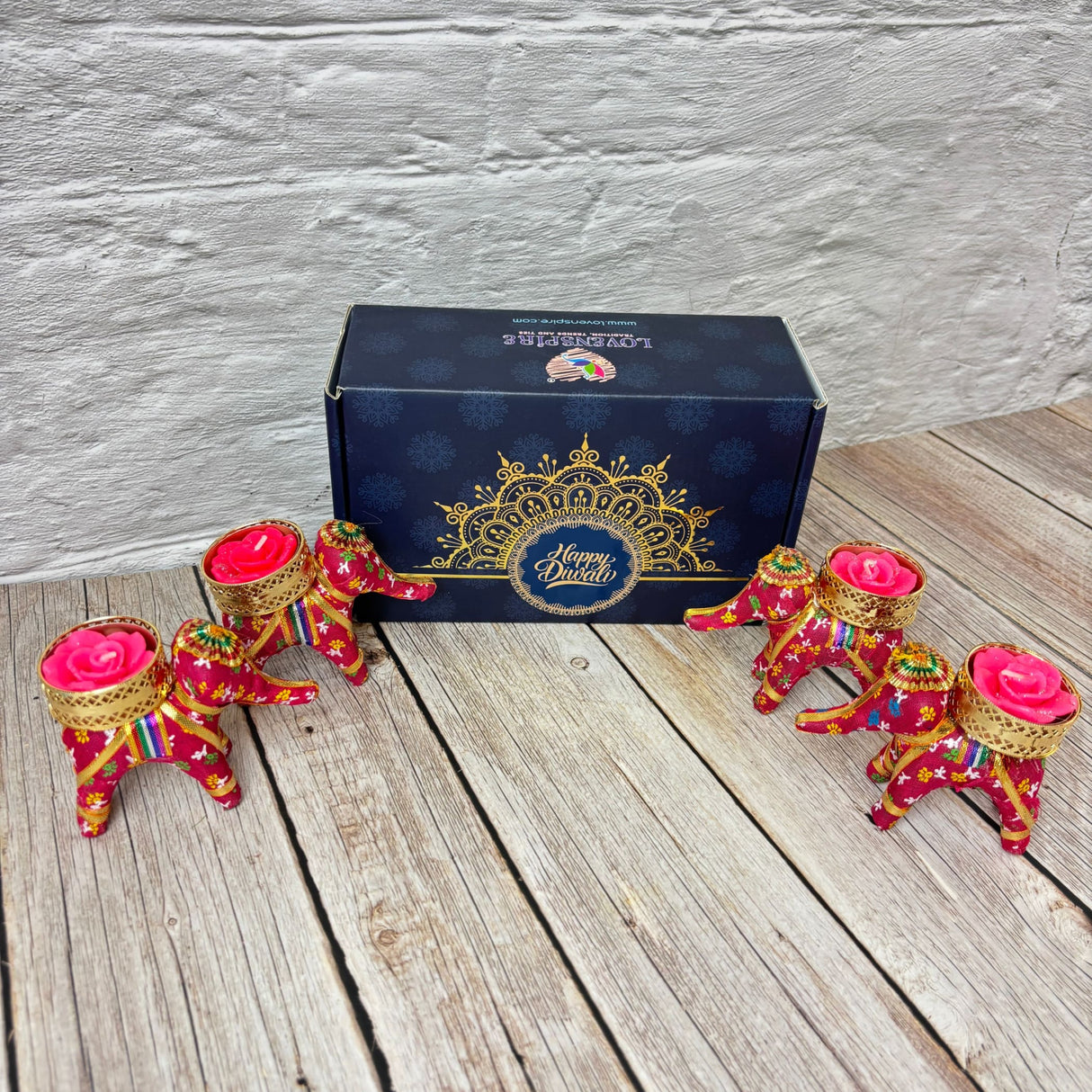 Personalized Diwali Gifts Hamper Set of 4 Elephant Tealight Candle Holder Diwali Custom Gifts Boxes Indian Festival Deepawali Hamper for Employees Home Office Friends Family - Return Gift - LoveNspire
