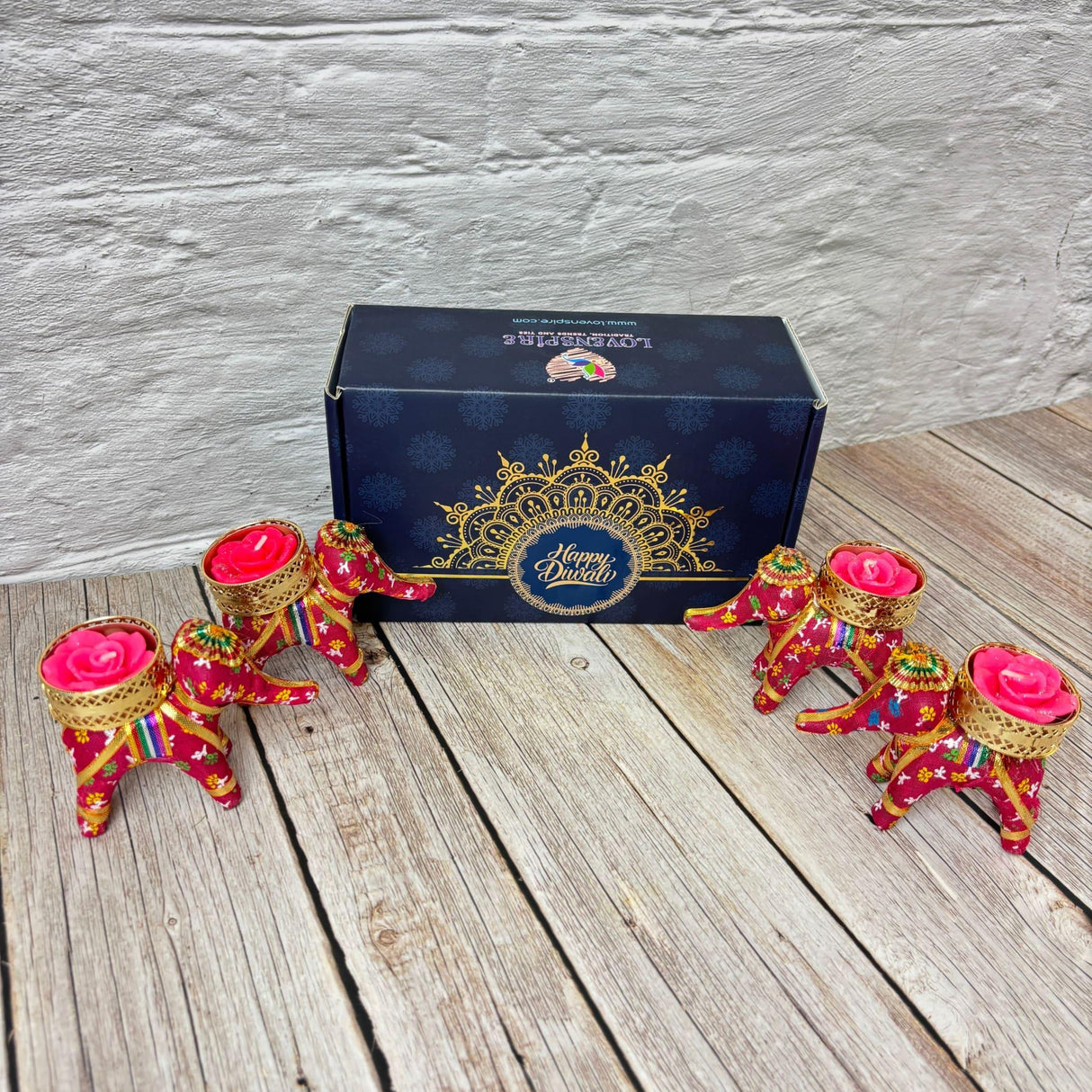 Personalized Diwali Gifts Hamper Set of 4 Elephant Tealight Candle Holder Diwali Custom Gifts Boxes Indian Festival Deepawali Hamper for Employees Home Office Friends Family - Return Gift - LoveNspire