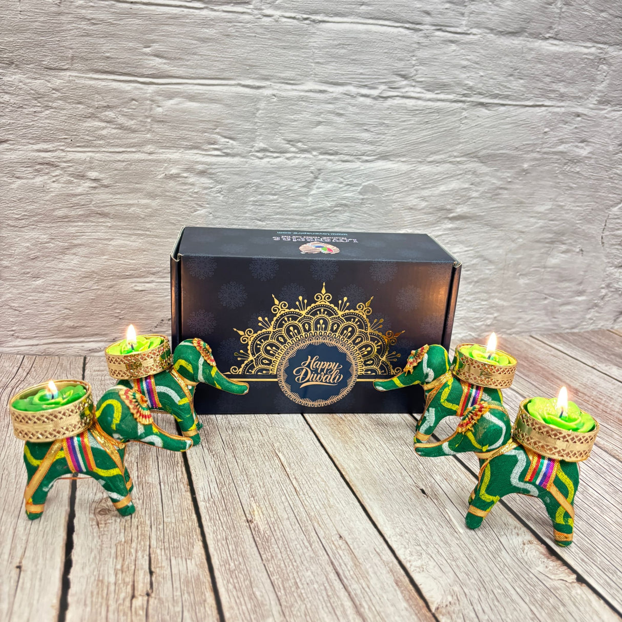 Personalized Diwali Gifts Hamper Set of 4 Elephant Tealight Candle Holder Diwali Custom Gifts Boxes Indian Festival Deepawali Hamper for Employees Home Office Friends Family - Return Gift - LoveNspire