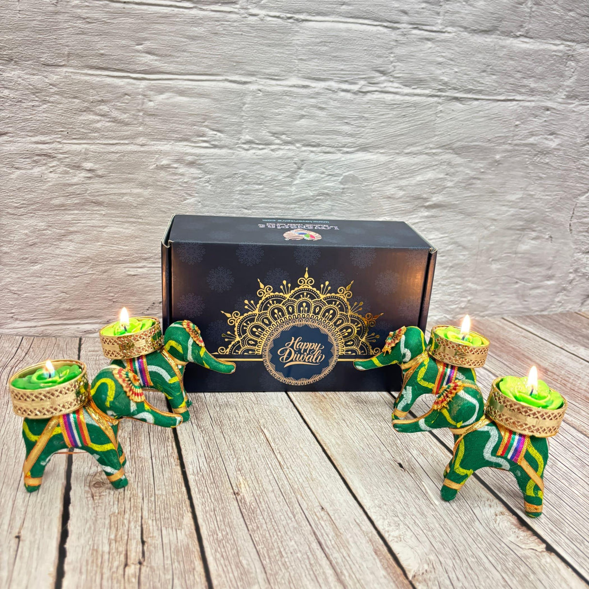 Personalized Diwali Gifts Hamper Set of 4 Elephant Tealight Candle Holder Diwali Custom Gifts Boxes Indian Festival Deepawali Hamper for Employees Home Office Friends Family - Return Gift - LoveNspire