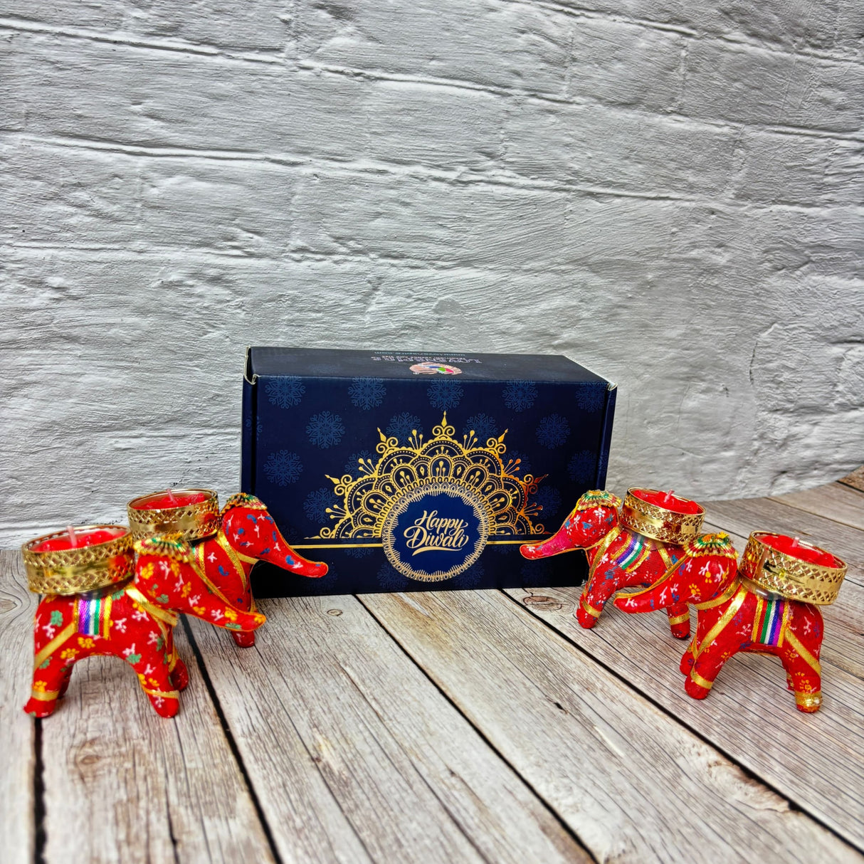 Personalized Diwali Gifts Hamper Set of 4 Elephant Tealight Candle Holder Diwali Custom Gifts Boxes Indian Festival Deepawali Hamper for Employees Home Office Friends Family - Return Gift - LoveNspire