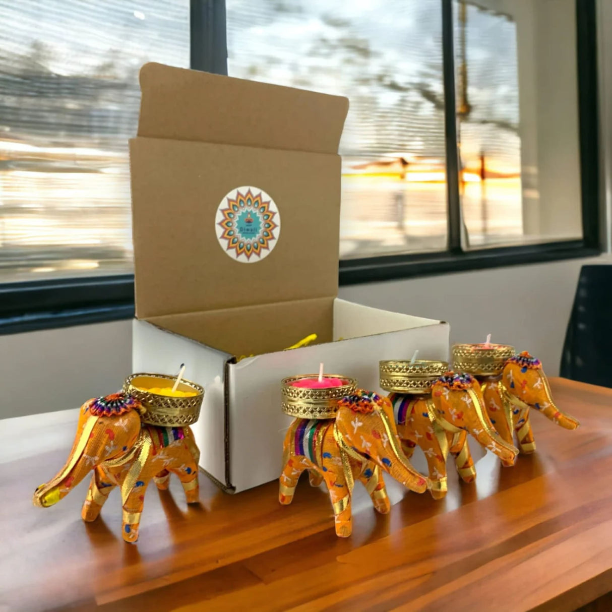 Personalized Diwali Gifts Hamper Set of 4 Elephant Tealight Candle Holder Diwali Custom Gifts Boxes Indian Festival Deepawali Hamper for Employees Home Office Friends Family - Return Gift - LoveNspire