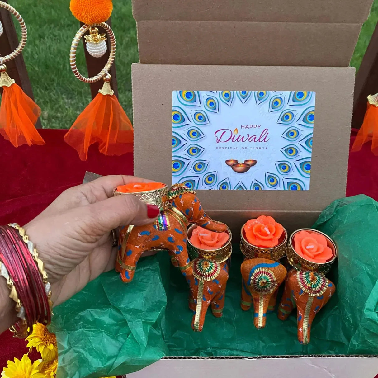 Personalized Diwali Gifts Hamper Set of 4 Elephant Tealight Candle Holder Diwali Custom Gifts Boxes Indian Festival Deepawali Hamper for Employees Home Office Friends Family - Return Gift - LoveNspire