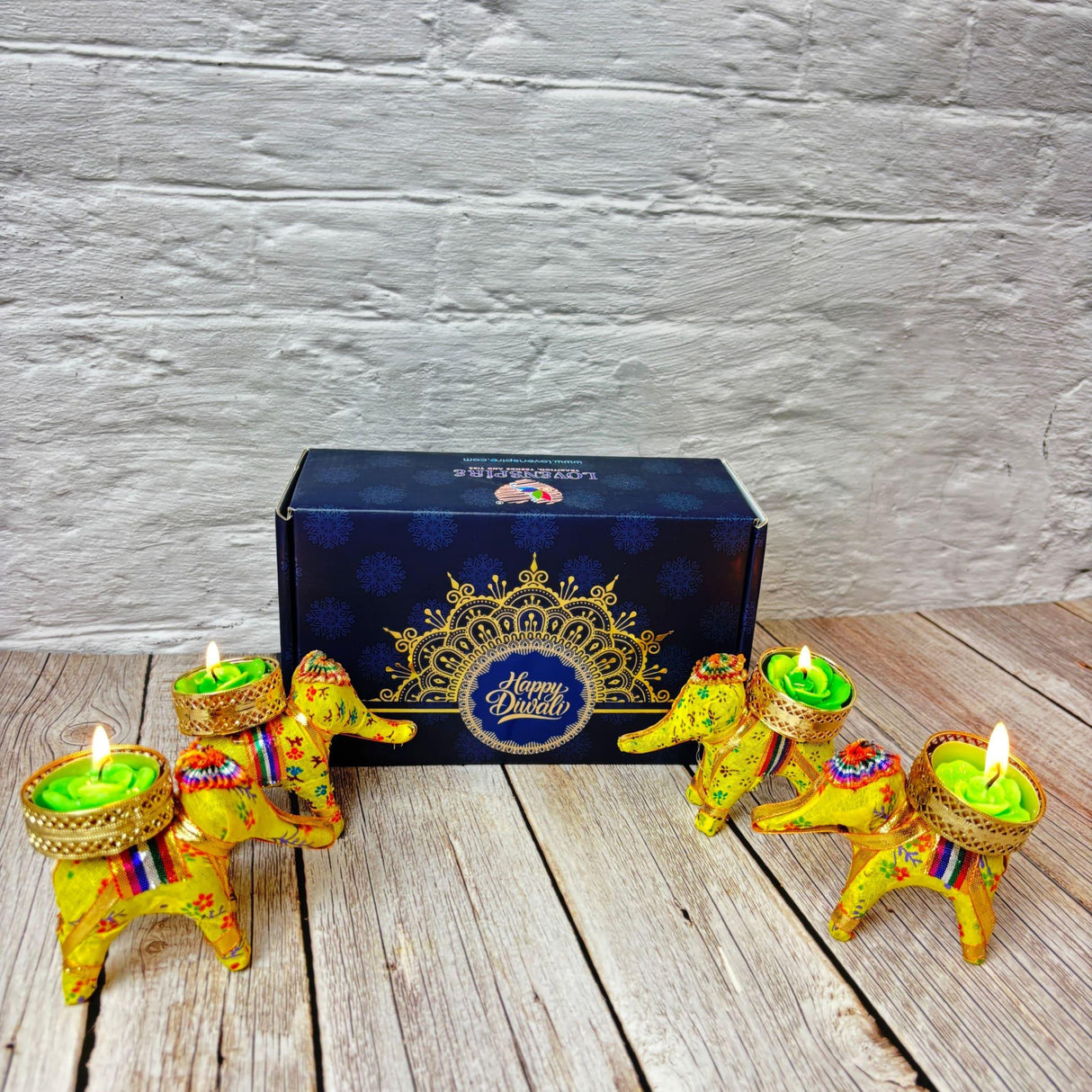 Personalized Diwali Gifts Hamper Set of 4 Elephant Tealight Candle Holder Diwali Custom Gifts Boxes Indian Festival Deepawali Hamper for Employees Home Office Friends Family - Return Gift - LoveNspire