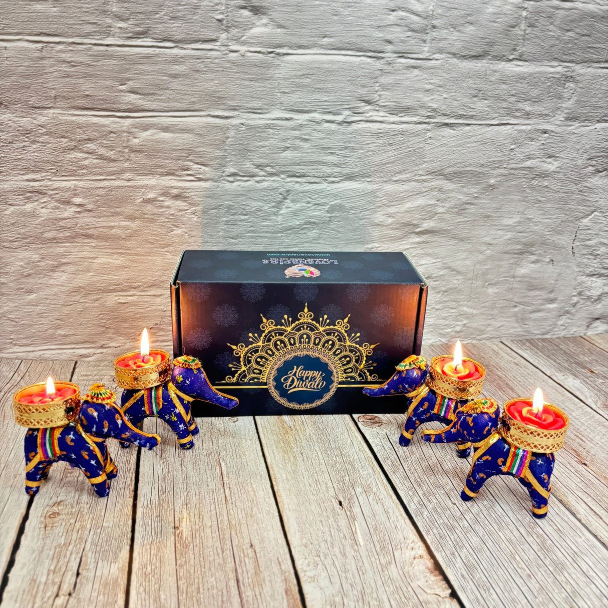 Personalized Diwali Gifts Hamper Set of 4 Elephant Tealight Candle Holder Diwali Custom Gifts Boxes Indian Festival Deepawali Hamper for Employees Home Office Friends Family - Return Gift - LoveNspire