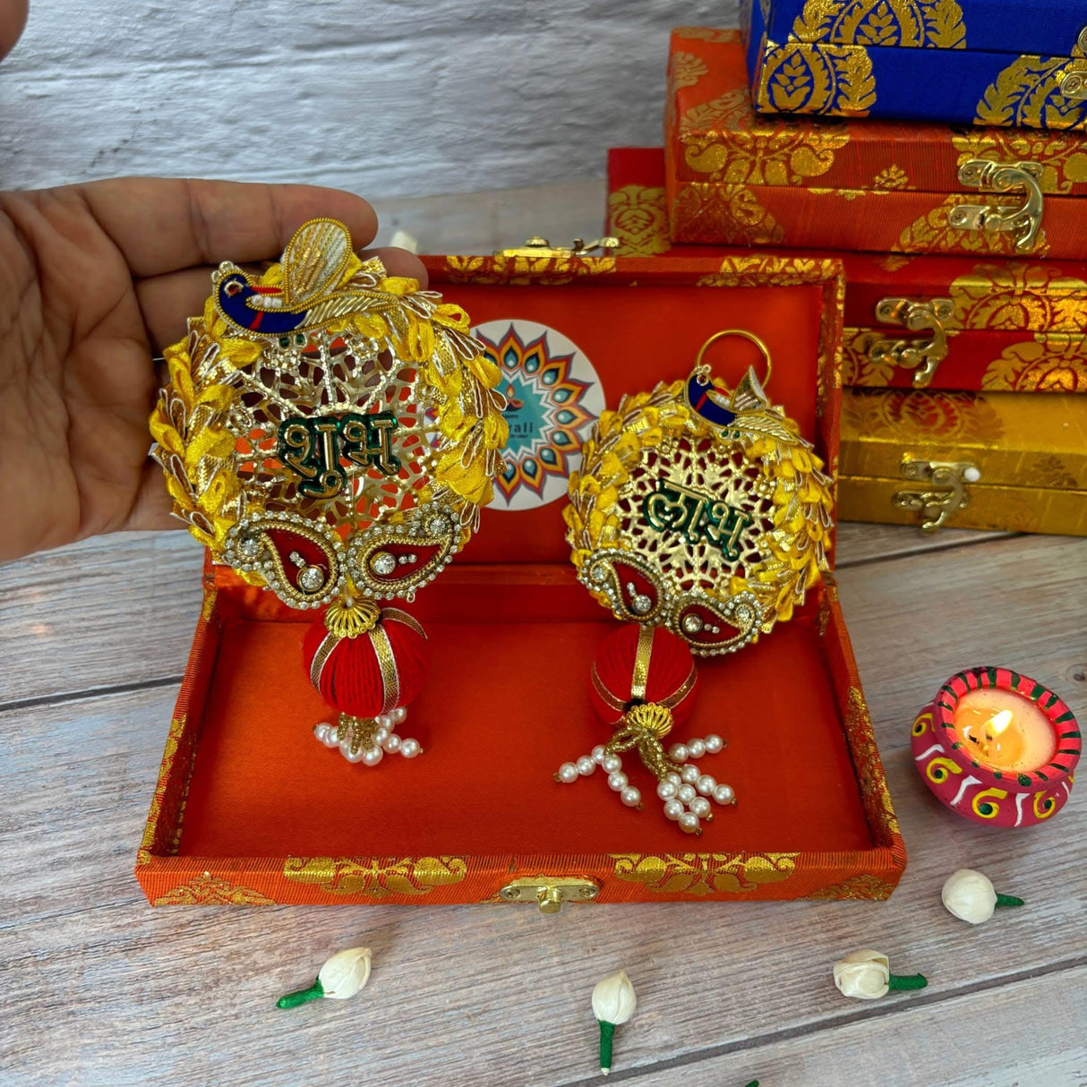 Personalized Diwali Gifts Hamper Shubh Labh Rajasthani Brocade Design Gift Box Indian Festival Diwali Hamper Basket for Employees Home Office Friends Family - Corporate Return Gift Items - LoveNspire