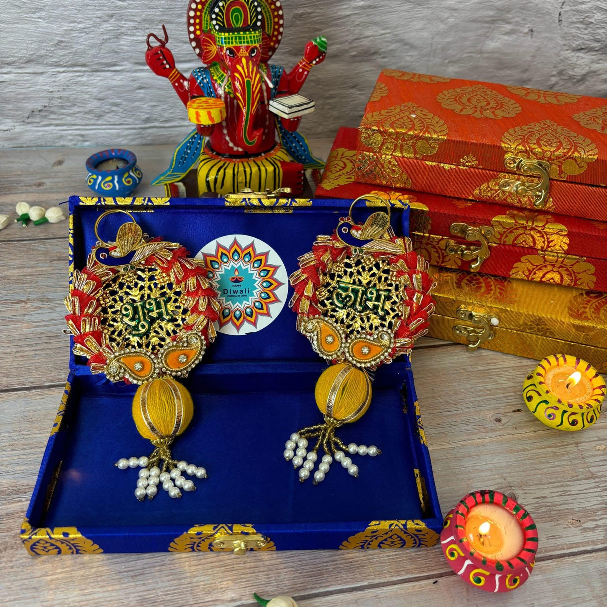 Personalized Diwali Gifts Hamper Shubh Labh Rajasthani Brocade Design Gift Box Indian Festival Diwali Hamper Basket for Employees Home Office Friends Family - Corporate Return Gift Items - LoveNspire