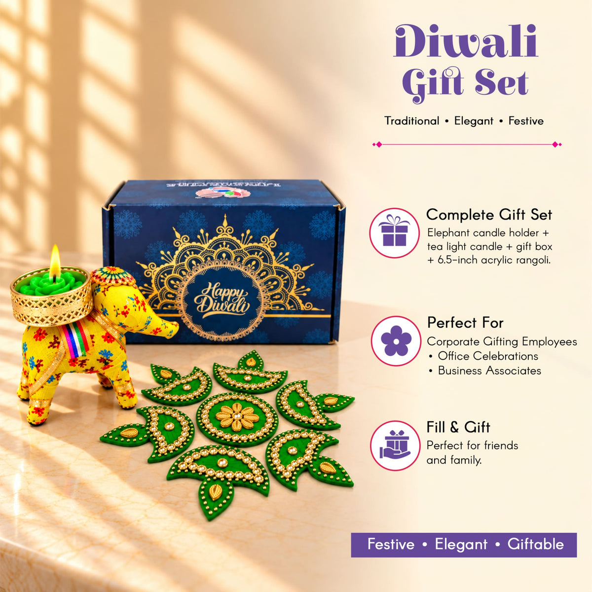 Yellow elephant-shaped candle holder with colorful floral patterns and gold-trimmed base for diwali gift box hamper