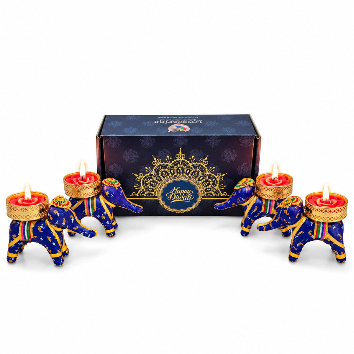 Personalized blue elephant-shaped tealight candle holders with gold accents holding lit red candles for diwali gifts hamper