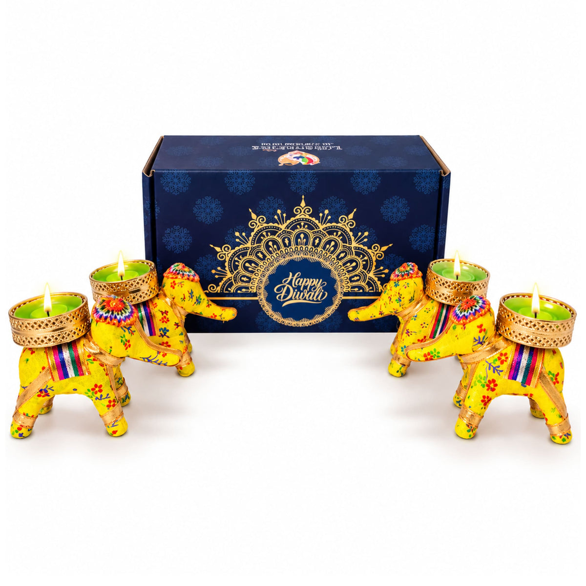 Vibrant yellow elephant-shaped tealight candle holders with intricate floral patterns and gold accents for Diwali gifts
