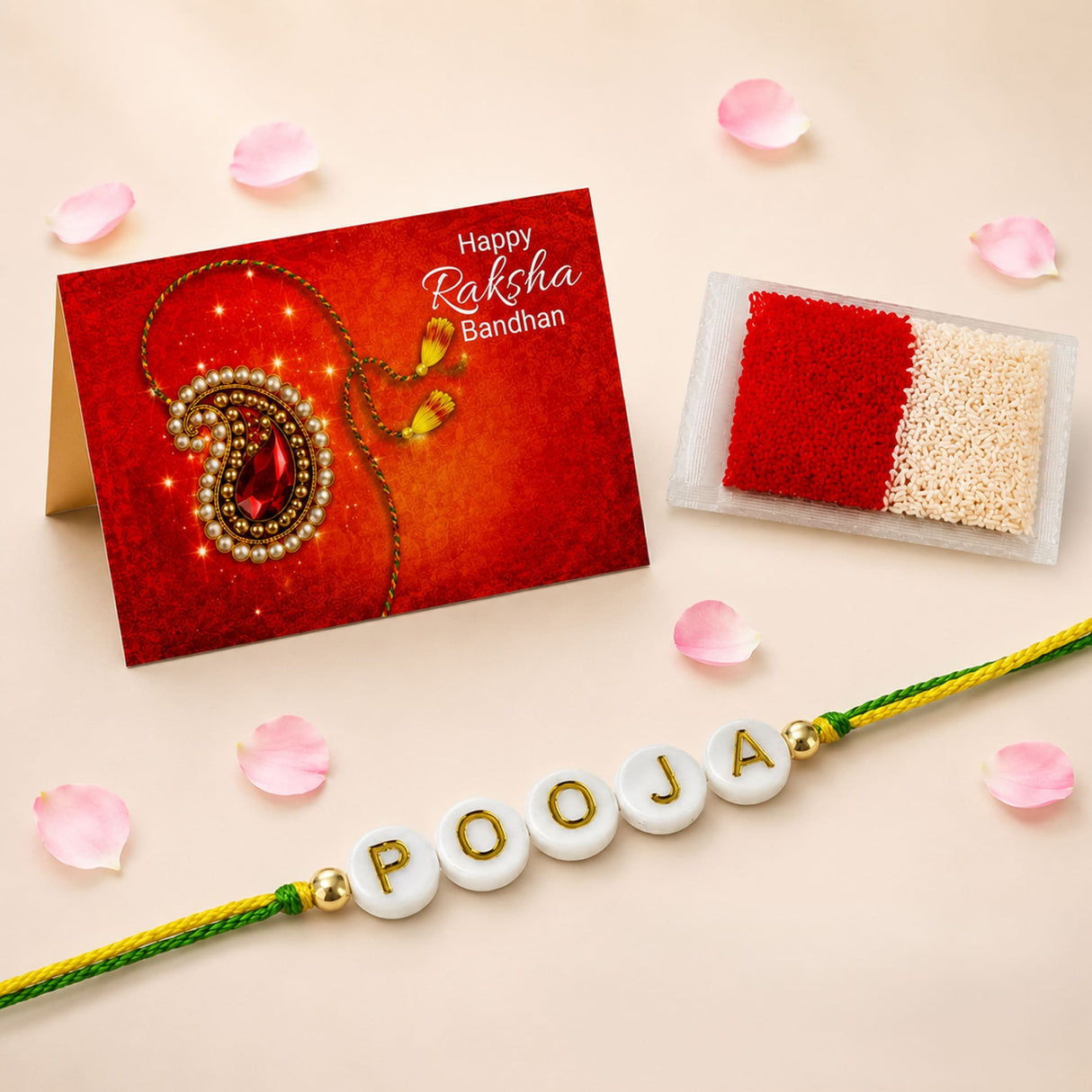 Personalized white bead rakhi with gold lettering pooja and green yellow braided cord traditional handmade jewelry gift