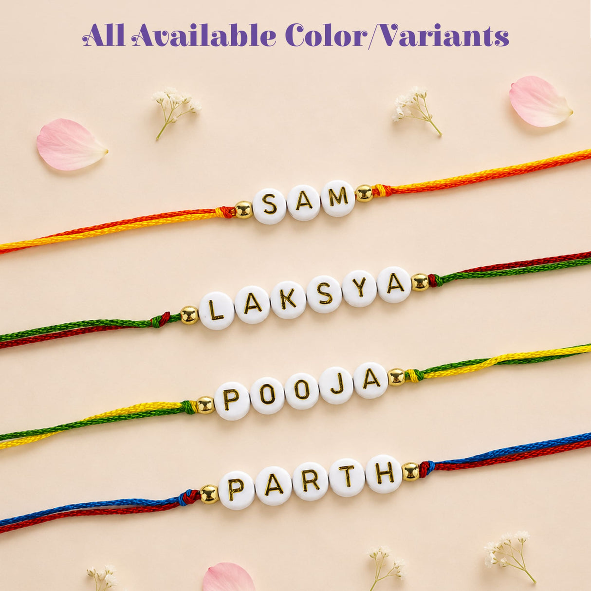 Personalized designer custom named rakhi featuring white letter beads with gold foil on colorful braided cords for protection
