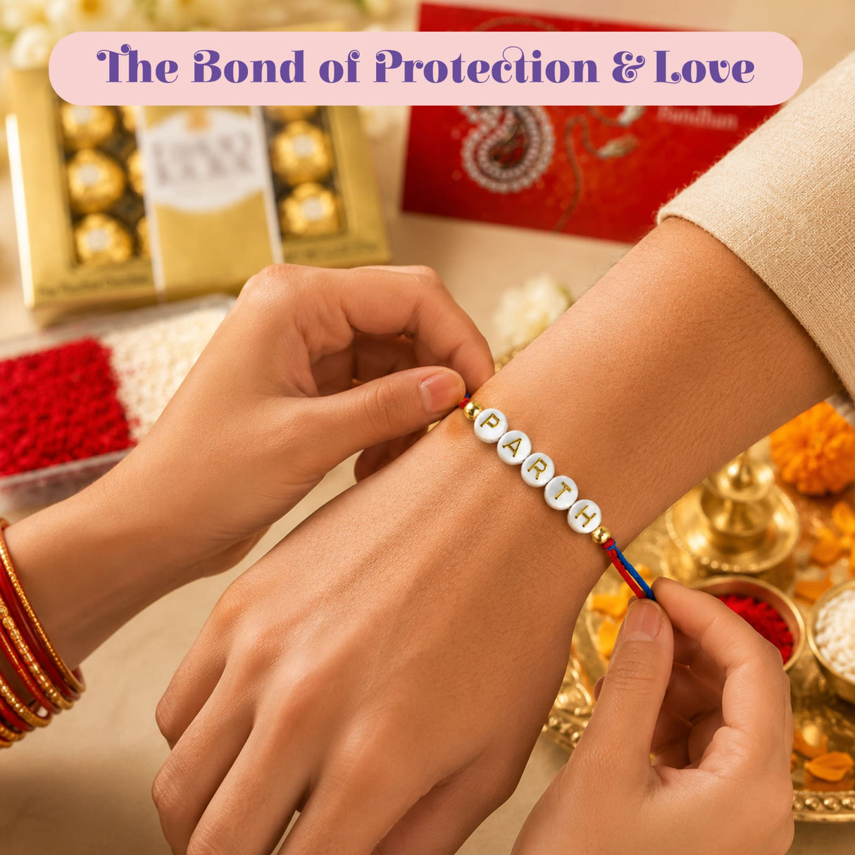 Designer custom named white beaded rakhi with gold lettering parth and red blue yellow thread for brother and bhabhi