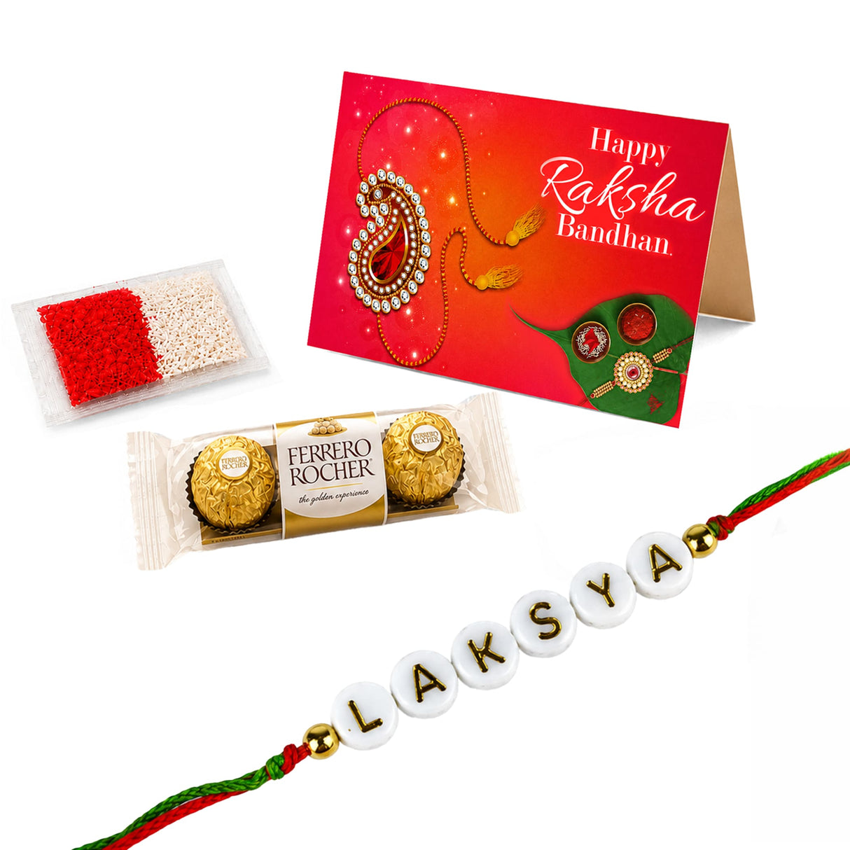 Personalized white bead rakhi with gold lettering and red green thread for brother raksha bandhan gift protection