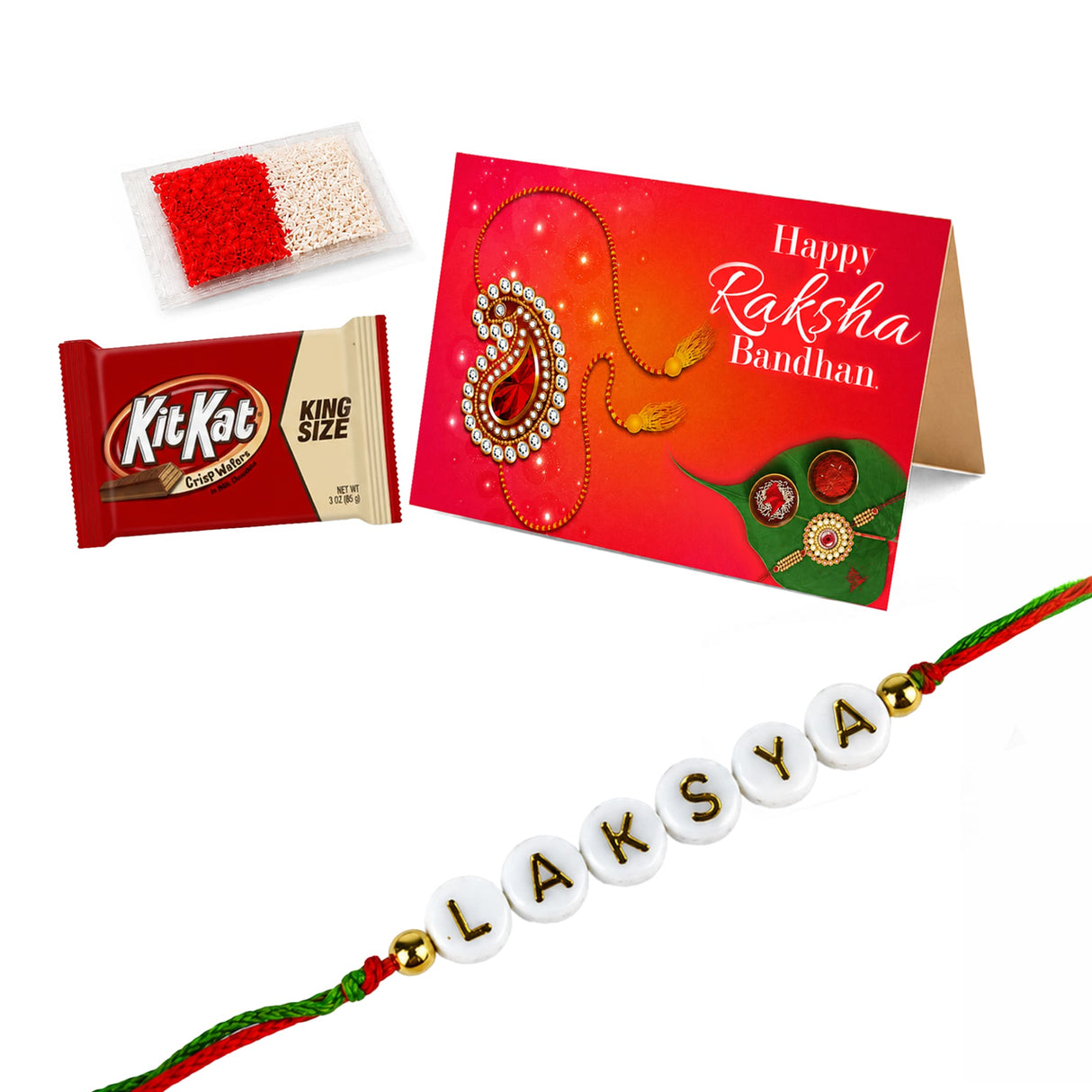 Personalized white bead rakhi with gold lettering and red green thread for raksha bandhan gift to brother